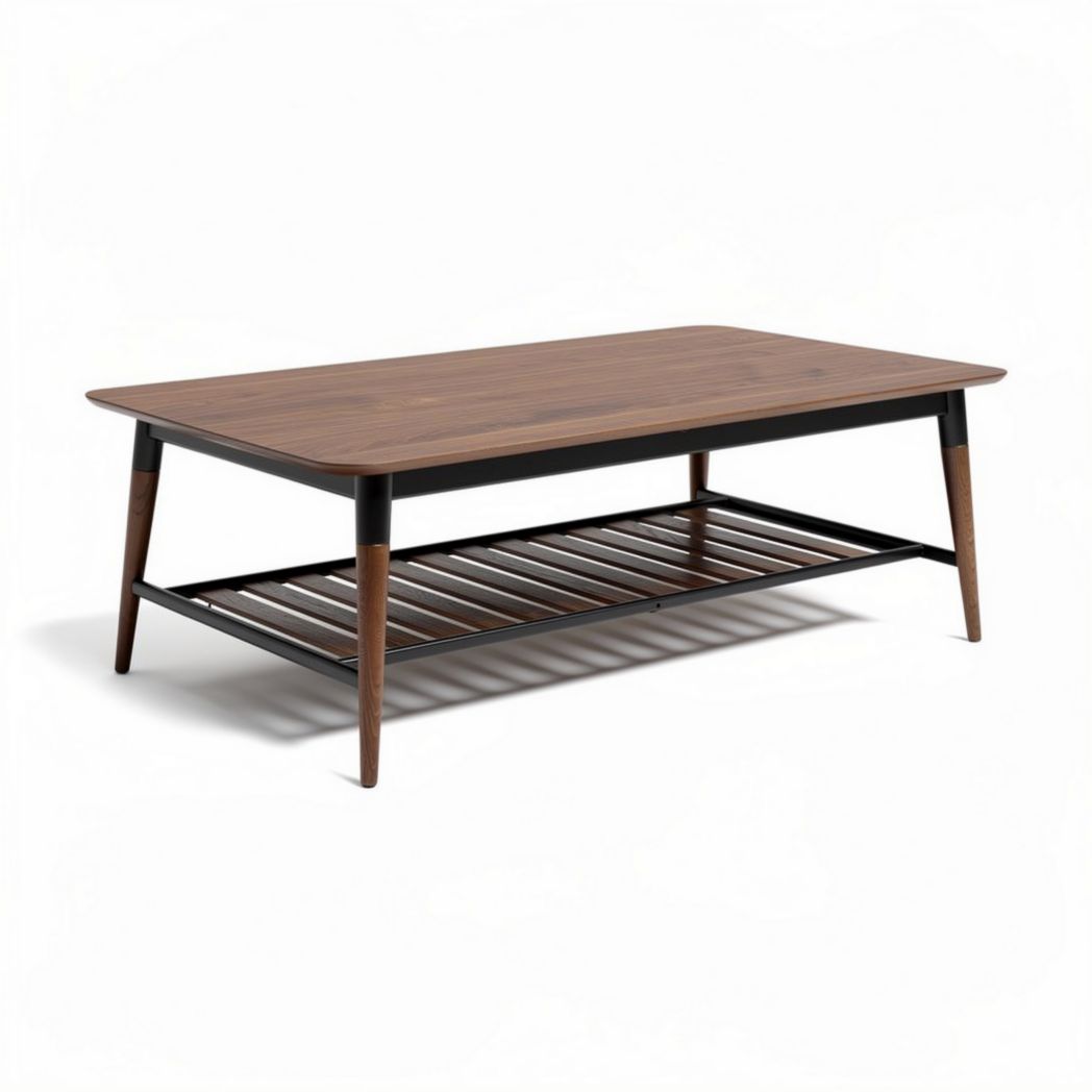 Mid-century modern coffee table with storage shelf walnut wood 120 x 60 x 45cm