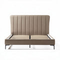 Upholstered platform bed frame with wooden slats and fabric headboard in beige 190 x 140 x 100cm