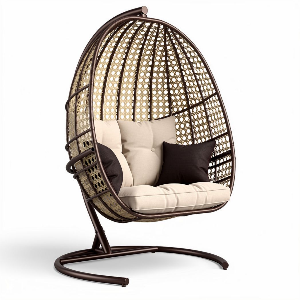 Outdoor rattan hanging chair with cushion and steel frame 90 x 75 x 120cm