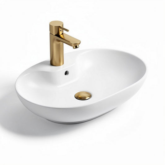 Ceramic countertop bathroom sink with gold faucet 50 x 30 x 15cm