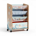 Wooden storage organizer with fish pattern fabric bins and rolling wheels 80 x 40 x 100cm